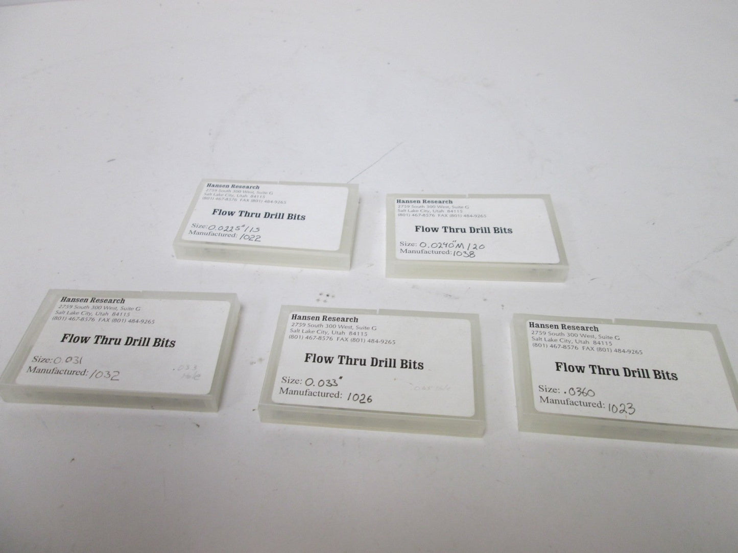 Used Hansen Research Flow Thru Drill Bits, Assorted Sizes, 0.0225" to 0.036"