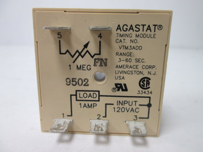 Used Agastat VTM3ADD Timing Module, Range: 3-60 Sec, Input: 120VAC, Load: 1A