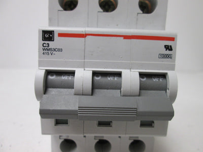 Used Cutler Hammer WMS3C03 Circuit Breaker, 3-Pole, Rating: 415VAC 3A, DIN Rail Mount
