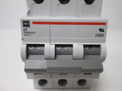 Used Cutler Hammer WMS3C07 Circuit Breaker, 3-Pole, Rating: 415VAC 7A, DIN Rail Mount