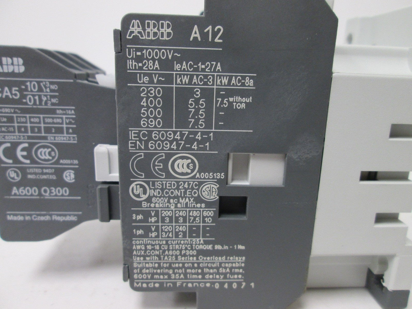 Used ABB A12-30-10 Contactor With 2x CA5-01 and 1x CA5-10 Auxiliary Contacts