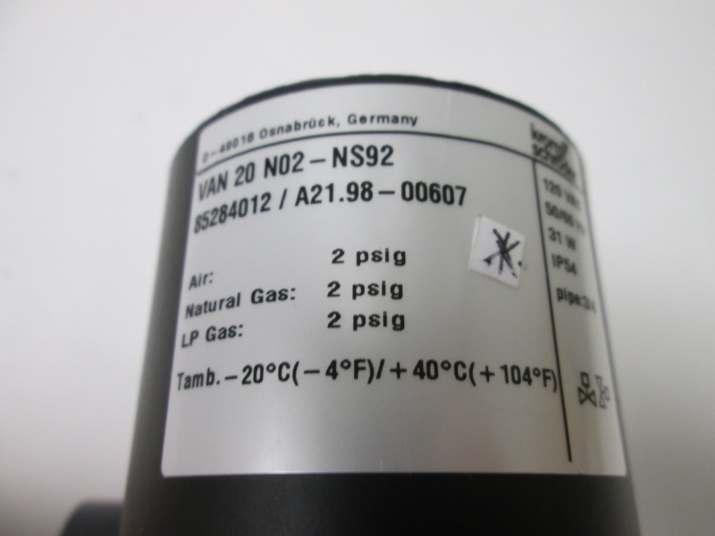 Used Kromschroder VAN 20 N02-NS92 Solenoid Valve, Coil: 120VAC 31W 50/60Hz, 2psi
