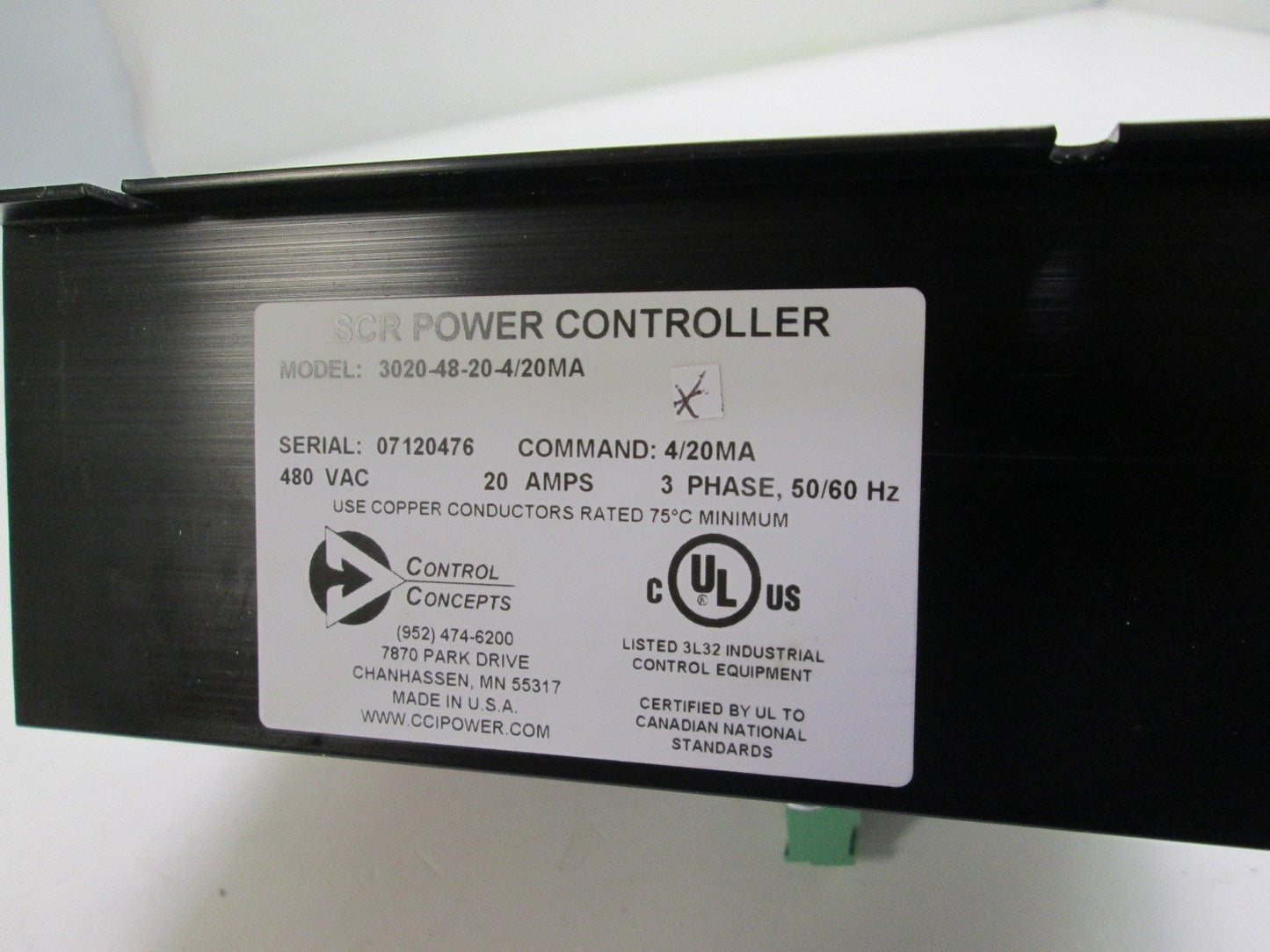 Used Control Concepts 3020-48-20-4/20MA SCR Power Controller 480VAC 20 Amp w/ Board