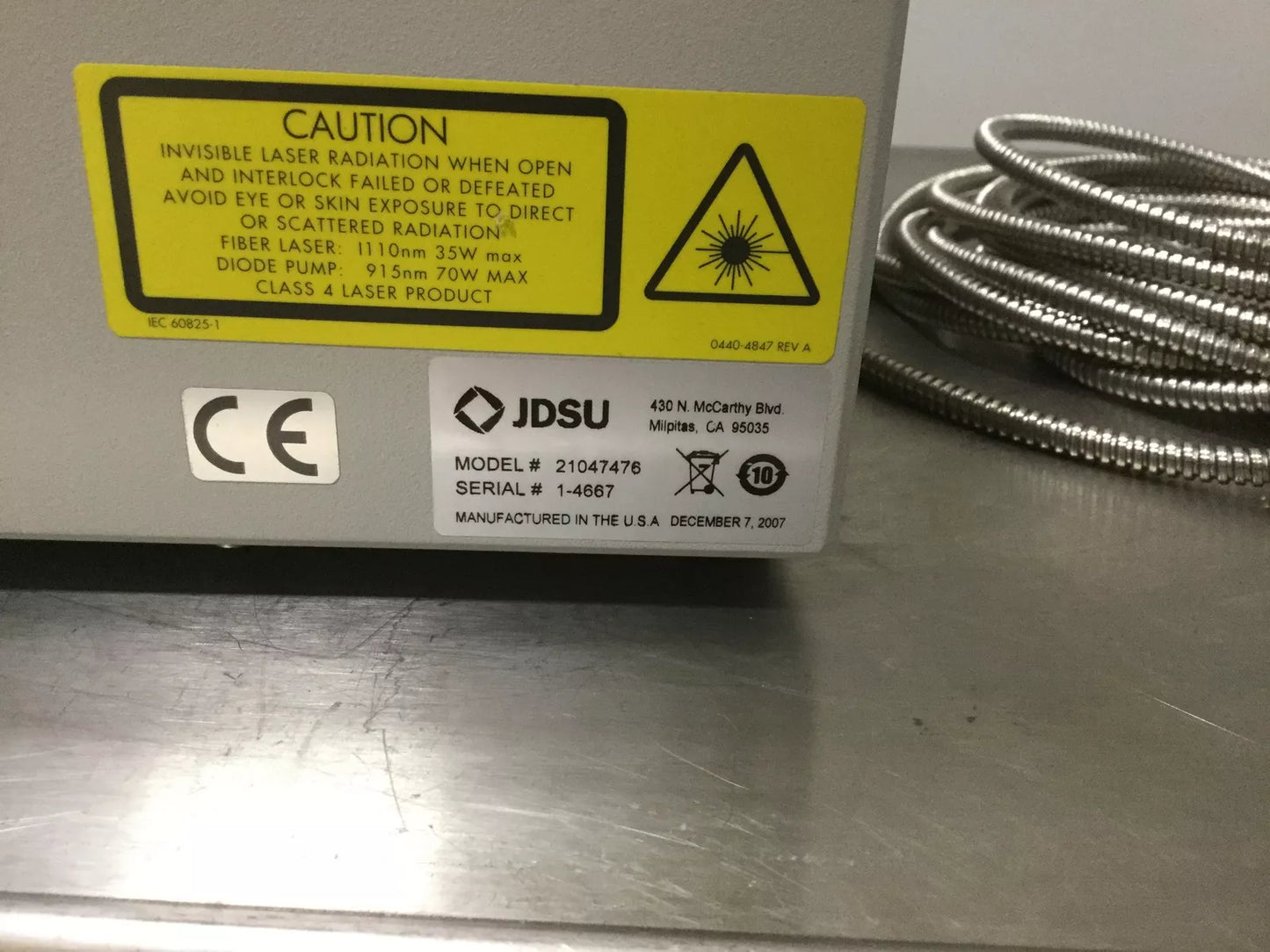 Used JDSU 21047476 IFM15 Fiber Optic Diode Laser System 1110nm 15W 7.3mm Beam 120VAC